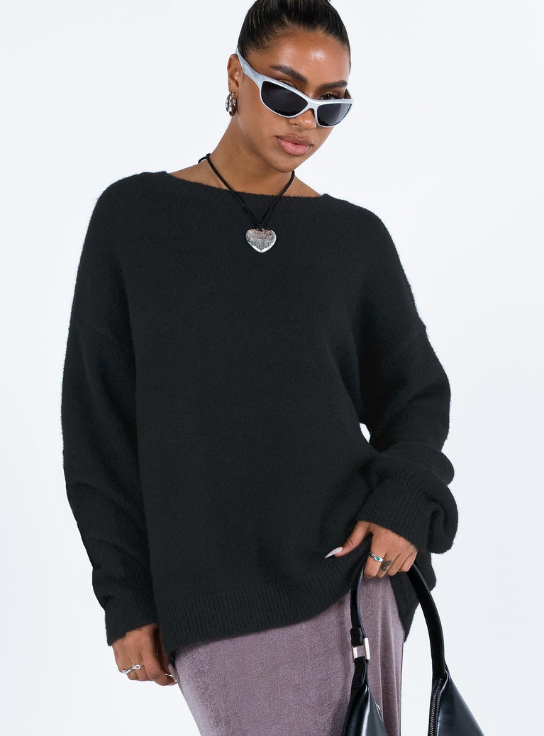 Black sweater Knit material Wide neckline Drop shoulder Good stretch