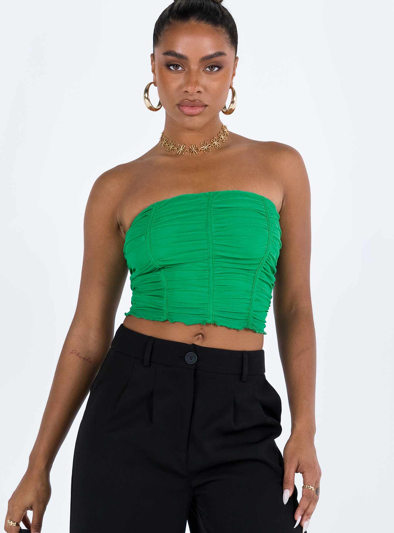 Green tube top Mesh material Gathered detail Inner silicone trip at bust Good Stretch Fully lined 