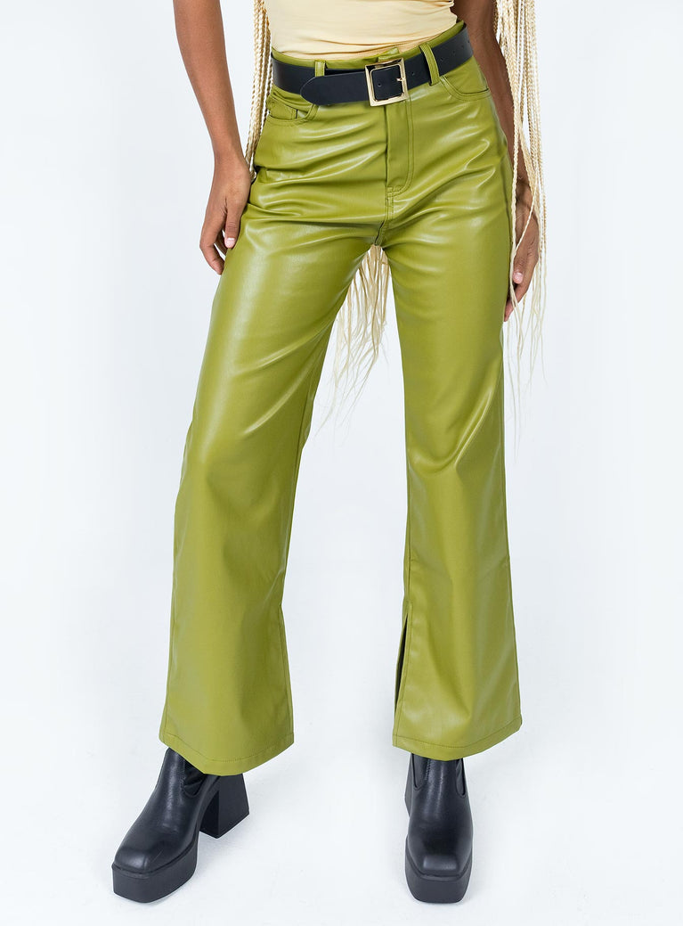 Pants 100% PU Faux leather material  Zip & button fastening  Belt looped waist  Classic five pocket design  Straight leg 