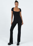 Jumpsuit Rib knit material Open back with tie fastening Good stretch