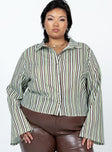 Stripe shirt Soft silky material Retro look Button front fastening Pointed collar Slight flare to sleeves Darts at bust 