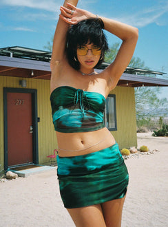 Matching set Sheer mesh material Printed design Strapless top Adjustable tie ruching at bust Low rise mini skirt Elasticated waistband Side slit