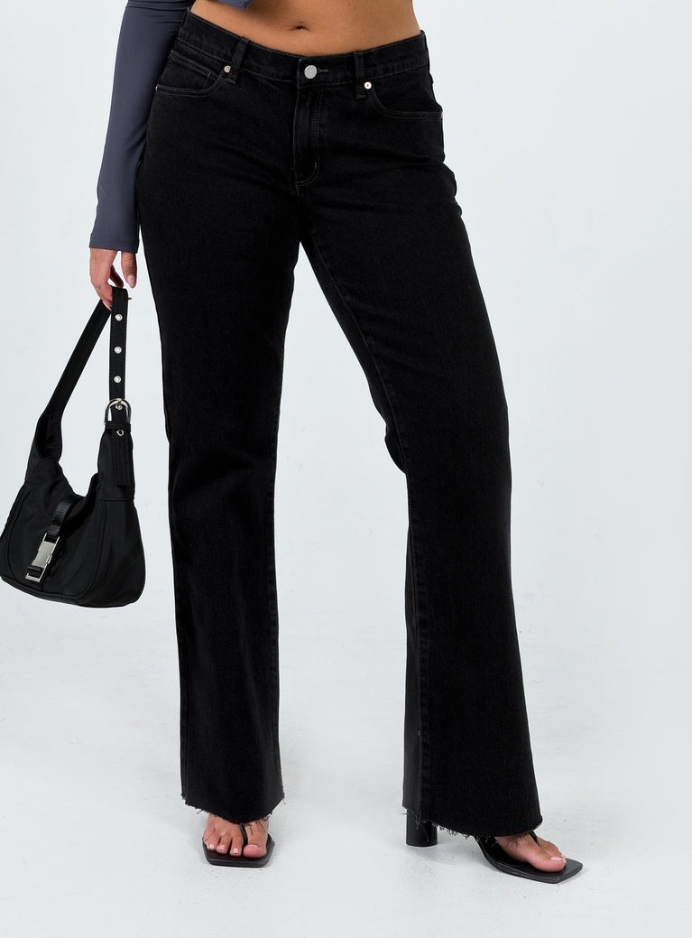 Jeans Low rise Black denim Belt looped waist Zip & button fastening Classic five-pocket design Bootcut leg  Raw edge hem