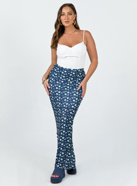 Maxi skirt Floral print High waisted  Elasticated waistband Ribbed knit material Ruffle trimming Lettuce edge hemline