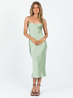 Green midi dress Silky material Cowl neckline Adjustable shoulder straps with tie fastening at back Cowl back