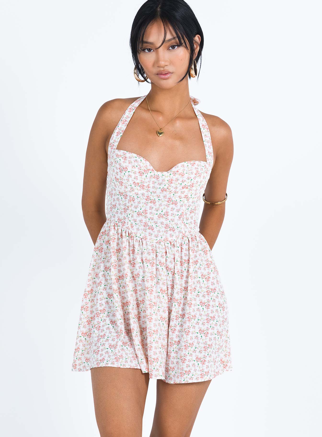 Mini dress Floral print Halter neck tie fastening Invisible zip fastening at back Slight rushing at waist