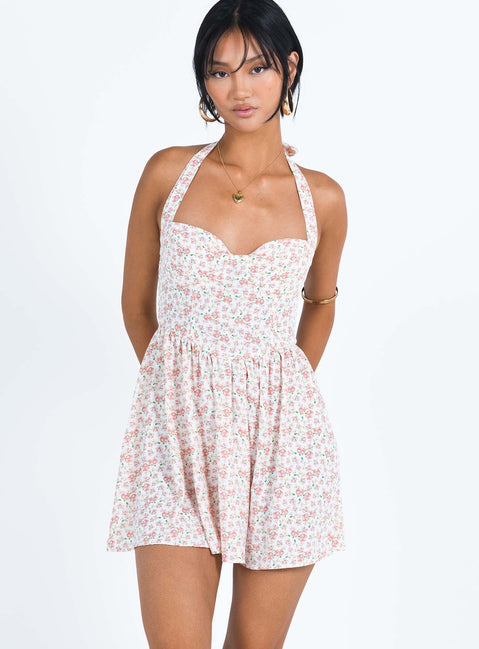 Mini dress Floral print Halter neck tie fastening Invisible zip fastening at back Slight rushing at waist