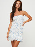 Strapless floral mini dress Shirred design, ruched bust, tired frill hem Good stretch, unlined 