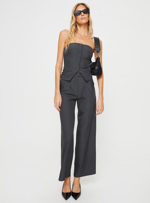 Matching set  Strapless slim-fitting top, faux front pockets, split hem Elasticated at back, silicone inner strip at bust, front button fastening Non-stretch, fully lined top High-waisted straight-leg pants, subtle pleats at the waist, twin hip pockets  Zip & button fastening Non-stretch, unlined  Princess Polly Lower Impact