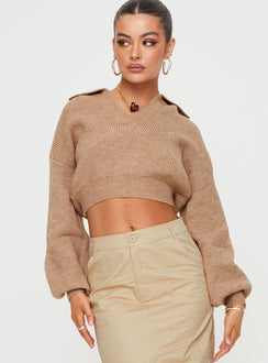Collared sweater, knit material Crop style, v-neckline, balloon sleeves, ribbed cuffs and waist 