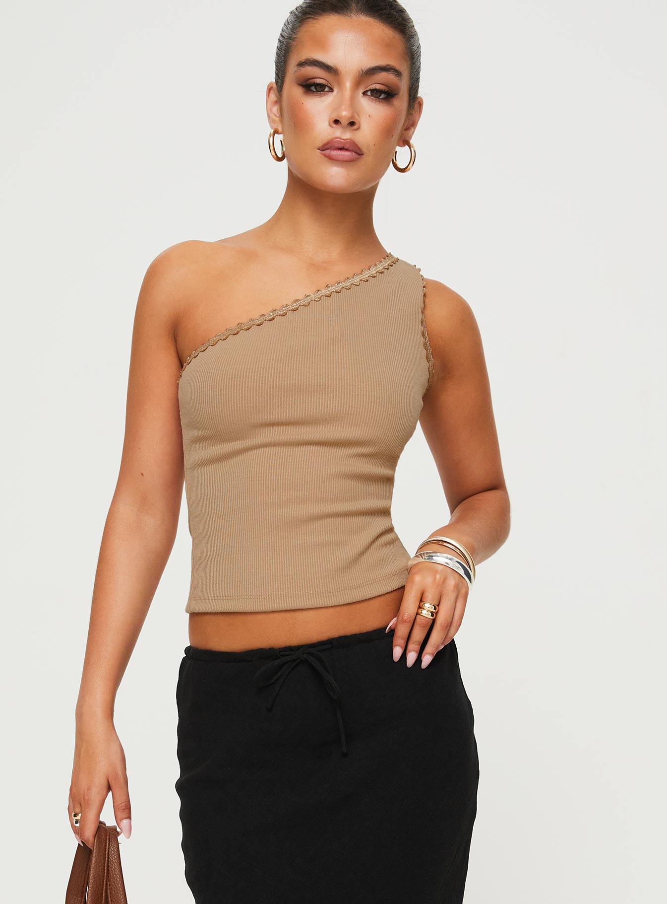 One shoulder top Good stretch, unlined 