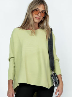 Green sweater Relaxed fit Ribbed knit material Wide neckline