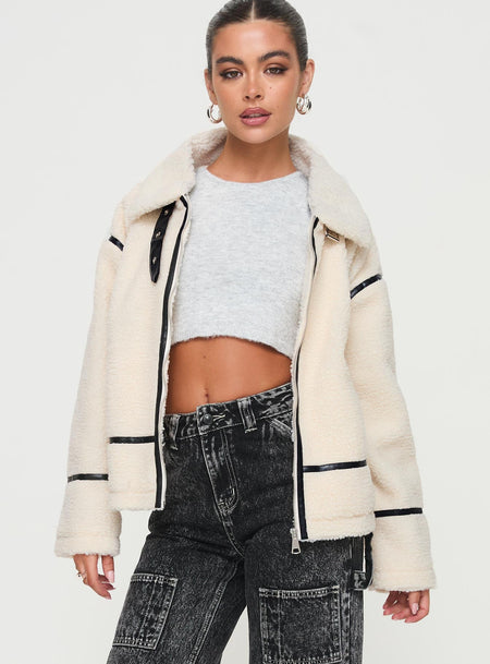 Cream shearling jacket Classic collar, exposed zip fastening, twin pockets, faux leather stitching, buckle detail