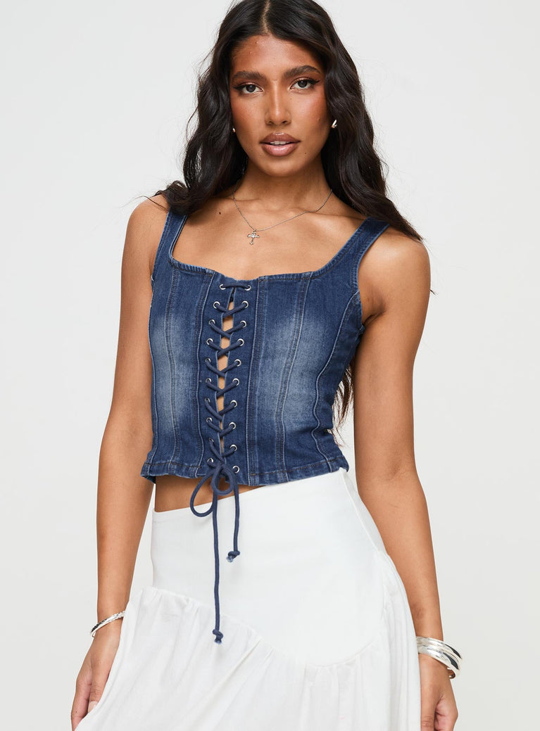 Packston Lace Up Denim Top Mid Wash