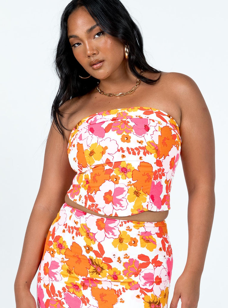 Crop top Floral print Folded neckline Inner silicone strip at bust Zip fastening at back