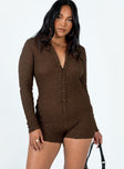 Brown long sleeve romper Textured material Classic collar Button fastening at front