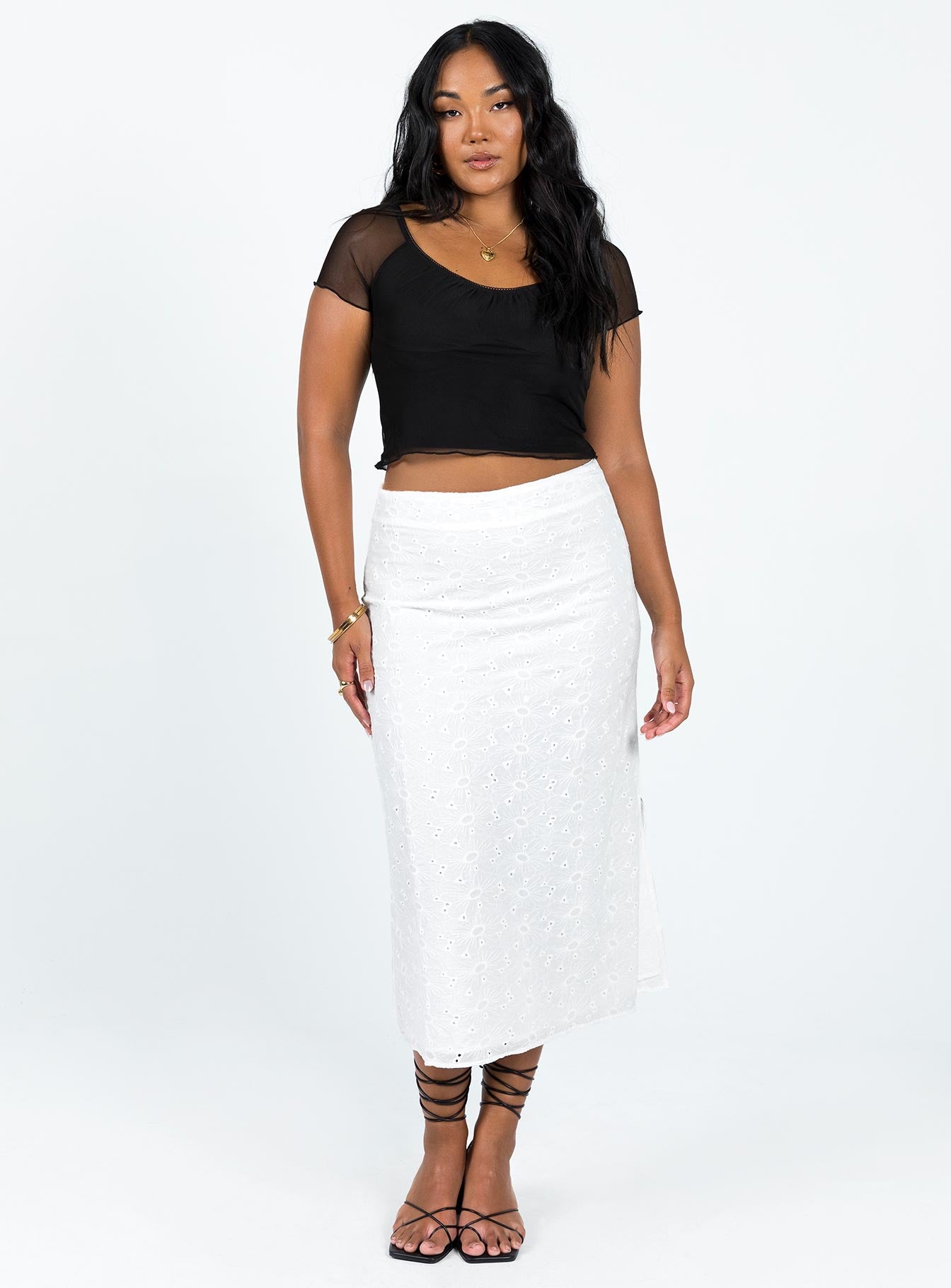 White midi skirt Cotton Broderie anglaise material Mid rise Invisible zip fastening at back Non stretch Fully lined