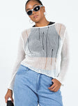 Sweater Sheer knit material Wide neckline Asymmetrical hem Good stretch Unlined 