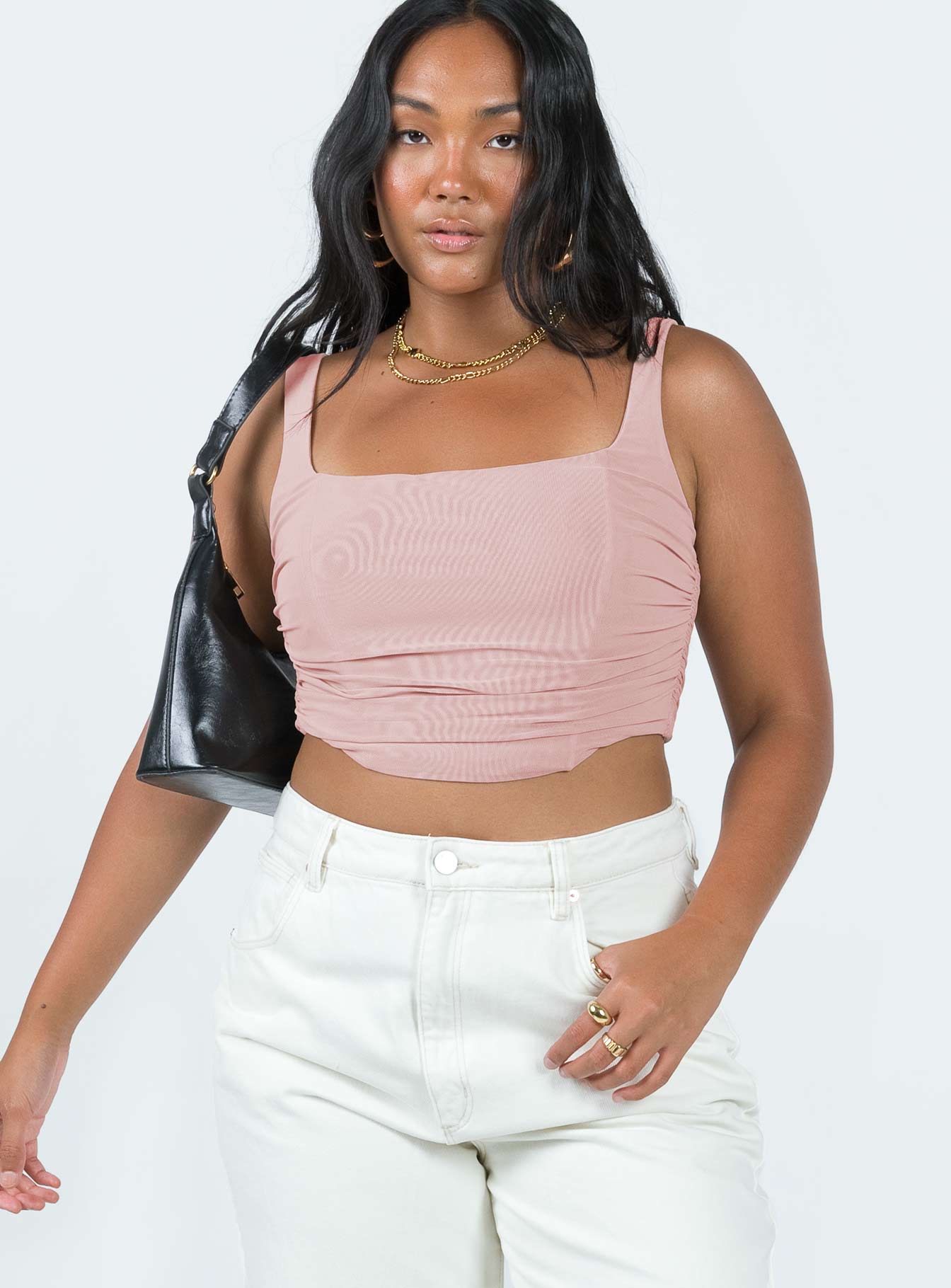 Crop top Mesh material Ruched sides Boning through front Curved hem