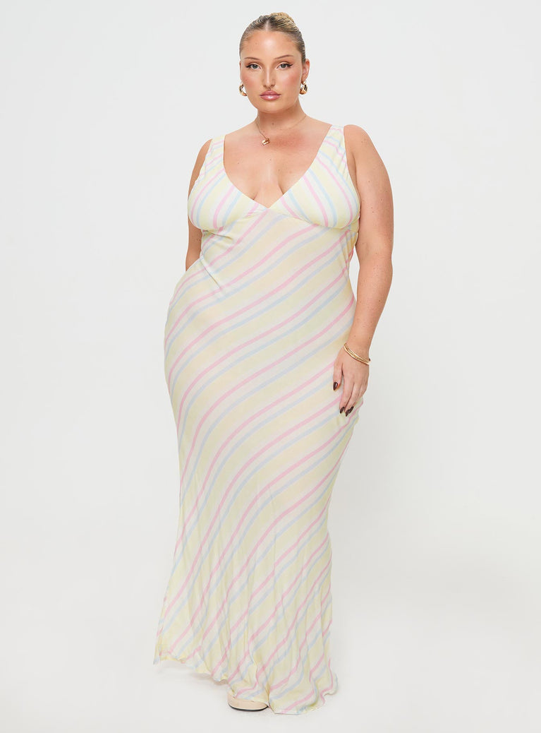 Stripe print maxi dress Fixed shoulder straps, plunging neckline, tie fastening at back, low back with invisible zip fastening
