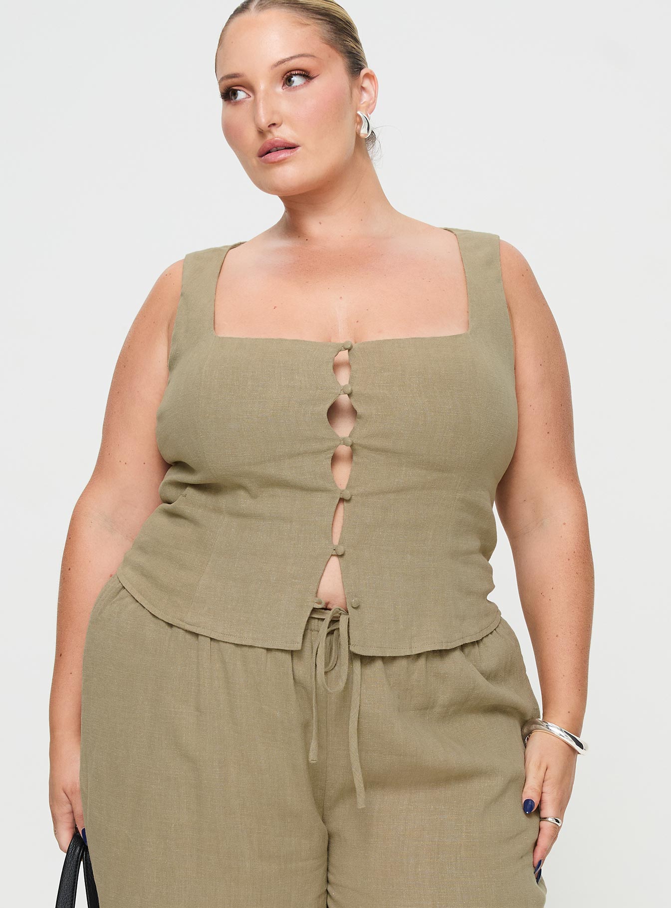 Olive Linen top Square neck, button up fastening