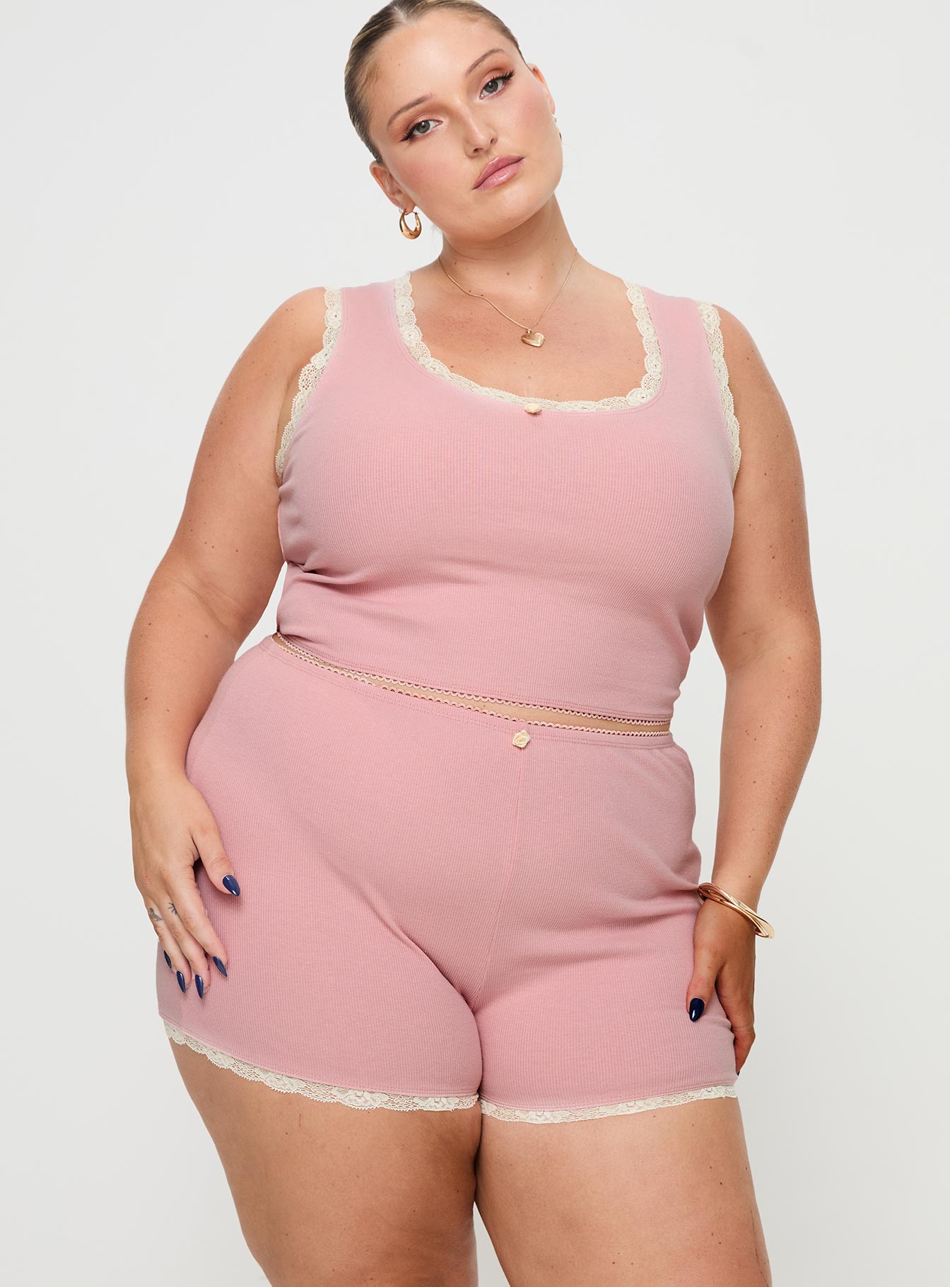 Riley Matching sleep set Tank style top, ribbed material, lace trim with flower detail, elasticated waistband