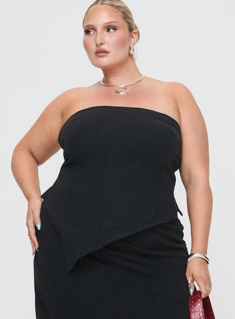 Princess Polly Curve  Strapless linen top Inner silicone strip at bust, invisible zip fastening at side, asymmetrical pointed hem Non-stretch material, fully lined