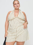Princess Polly Curve  Striped linen set Halter neck top, tie fastening, elasticated band under bust, v-neckline High-rise shorts, elasticated waistband, twin hip pocket Non-stretch material, partially lined  Princess Polly Lower Impact