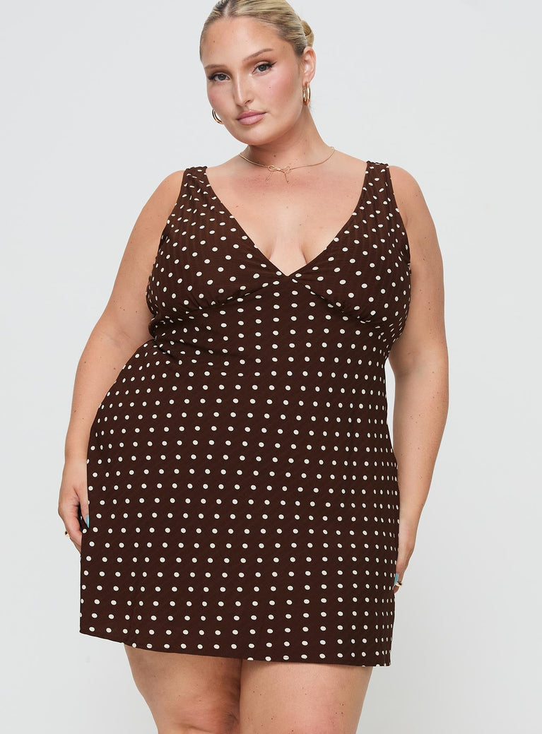 Princess Polly Curve  Mini dress Polka dot print, mini neckline, waist tie at back, invisible zip fastening at side, wide shoulder straps, a-line fit Non-stretch, unlined