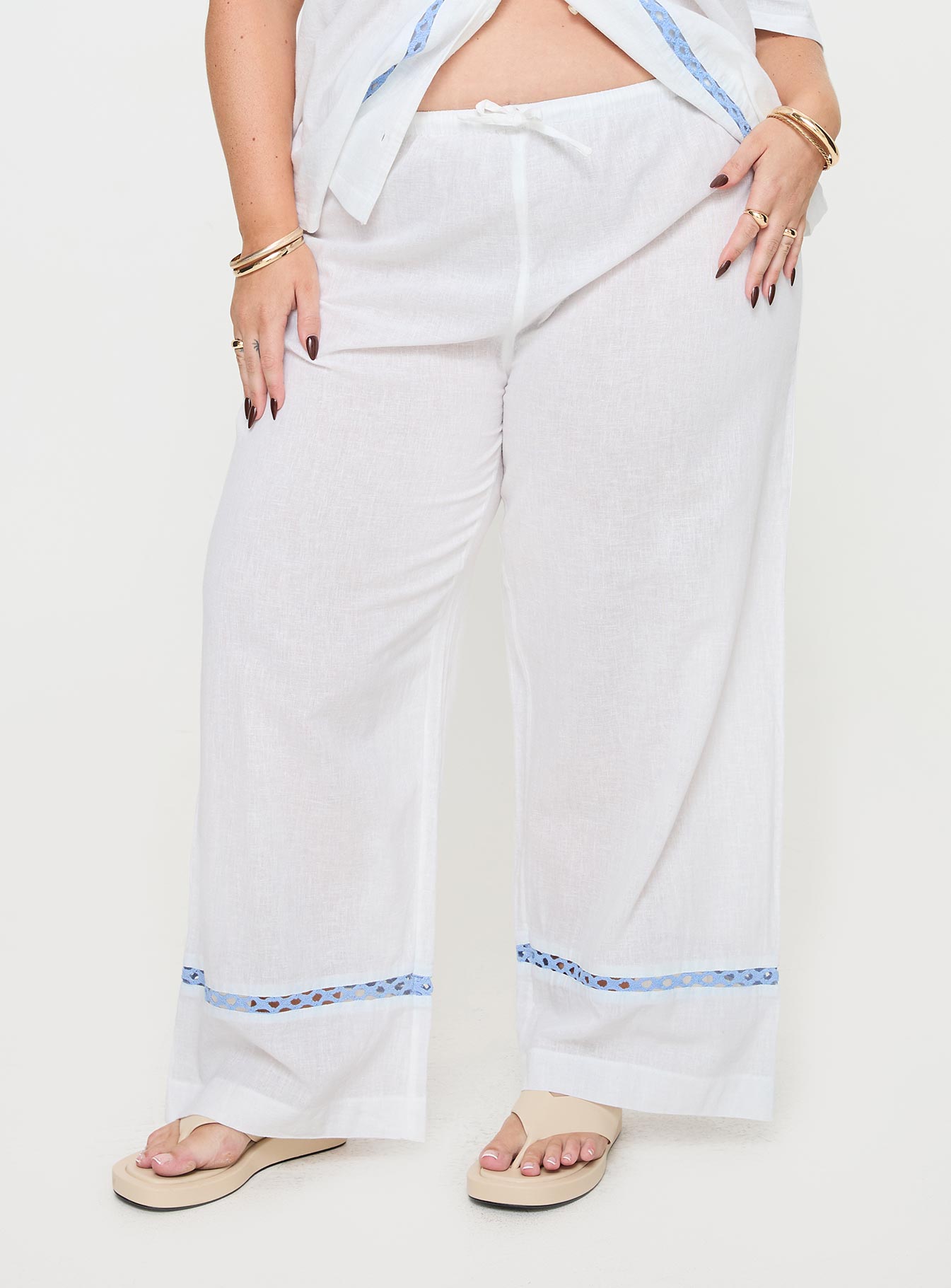 White and blue Linen pants Elasticated waistband, drawstring tie fastening, high rise