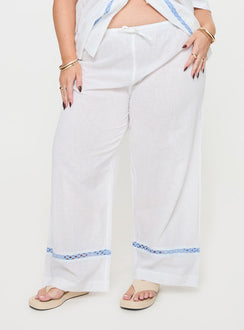 White and blue Linen pants Elasticated waistband, drawstring tie fastening, high rise