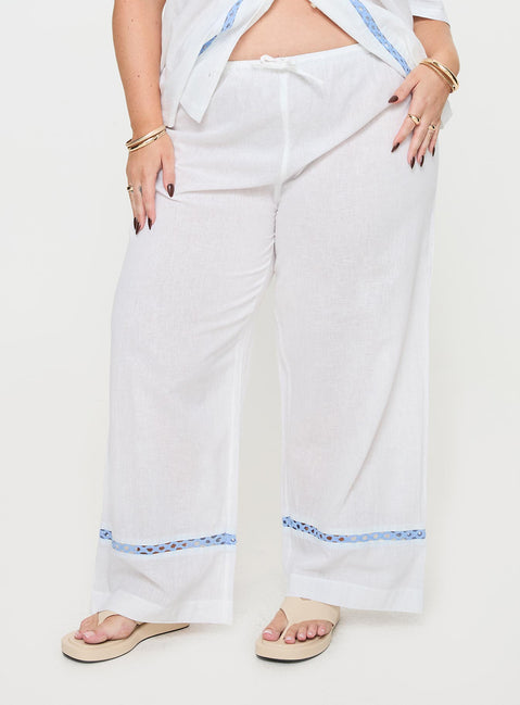 White and blue Linen pants Elasticated waistband, drawstring tie fastening, high rise