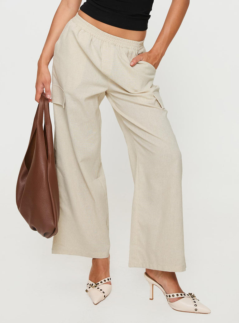 Beige Cargo pants Linen material look, relaxed fit, elasticated waistband, six pocket design