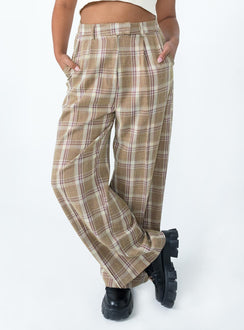 Pants 100% polyester Plaid print  High waisted  Hook & zip fastening  Belt looped at waist  Pleated waist  Twin hip pockets Faux back pocket Wide leg 