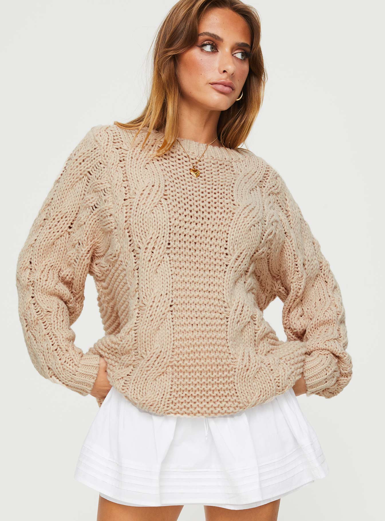 Cable knit sweater Drop shoulder, ribbed cuffs & waist 