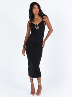 Black midi dress Adjustable shoulder straps V neckline Key hole cut out with tie fastening Good stretch Fully lined 