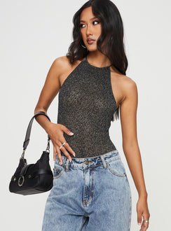 Bodysuit Sheer shimmery lace material, halter style with tie fastening, open back, breif cut leg, cheeky style Press clip fastening at base 