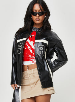 Faux leather jacket Embroidered graphic, high neck with button fastening, zip fastening Non-stretch, fully lined 