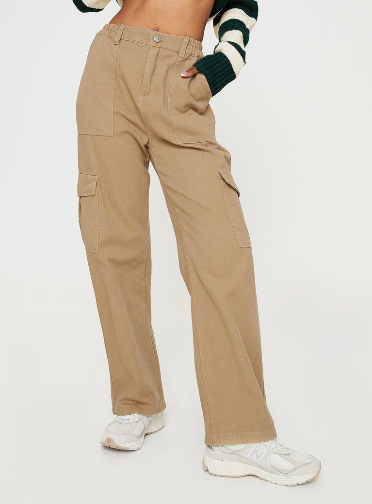 Straight leg cargo pants, denim material Belt looped waist, elasticated waistband at back, zip & button fastening, six pocket design Non-stretch, unlined 