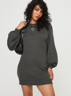 Long sleeve mini dress Knit material, crew neckline, drop shoulder, balloon sleeve Good stretch, unlined