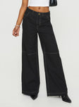 Pants Wide-leg, mid-rise, contrast white stitching, twin hip pockets, oversized pockets on back Belt looped waist, button zip fastening 