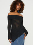 Off the shoulder sweater Sheer knit material, folded neckline, asymmetrical hemline Good stretch, unlined, sheer