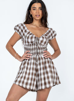 Romper Plaid print  Elasticated shoulder straps  Puff sleeves  Adjustable tie at bust 