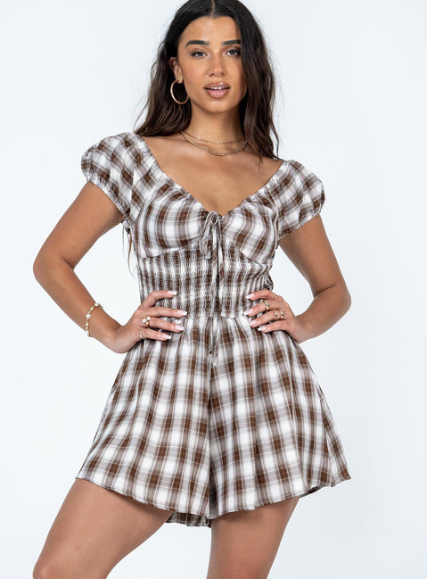 Romper Plaid print  Elasticated shoulder straps  Puff sleeves  Adjustable tie at bust 