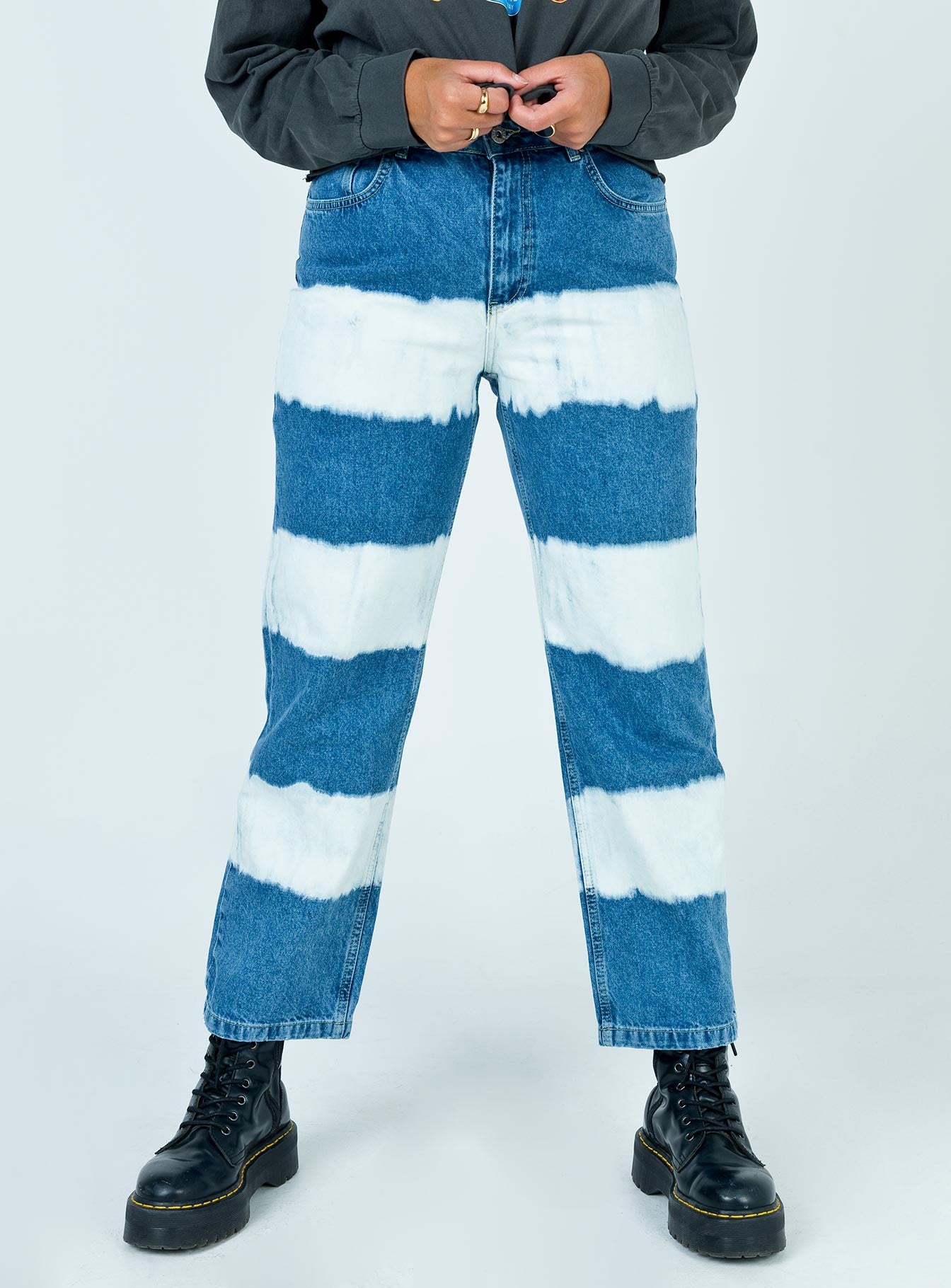 The Ragged Priest Mid Blue Dad Jeans With White Bleach