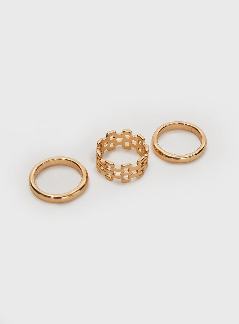 Ring Pack  Three rings, gold-toned, each ring uniquely different