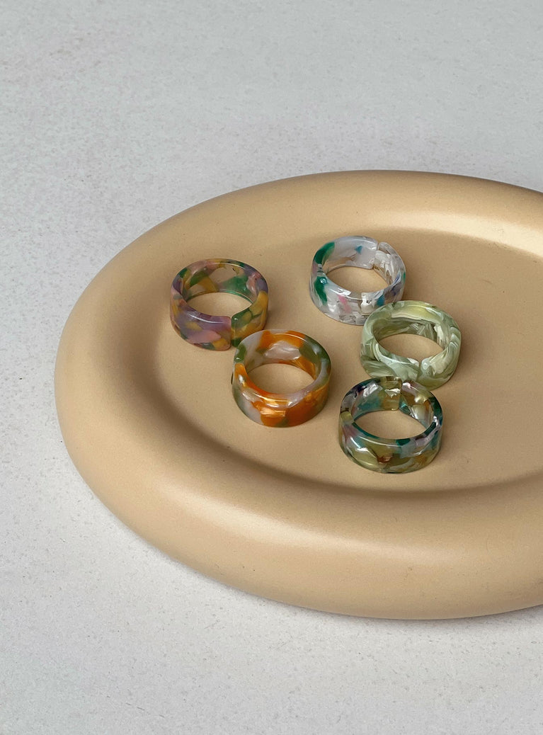 Rings Pack of five rings Each ring differs in colour Mable style print Open ended design