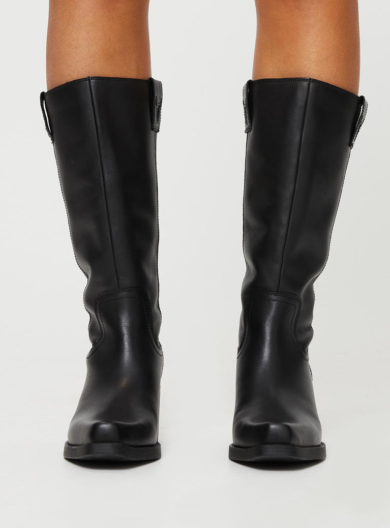 Knee high boots Western style, block heel, point toe, padded footbed, pull tabs at leg