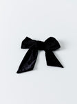 Black Bow hair clip  90% polyester 5% spandex 5% iron Velour material  Silver-toned hardware  Snap slip fastening