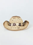 Cow boy hat Woven straw Curved wide brim  Internal adjustable drawstring Mouldable brim shape Bead detail